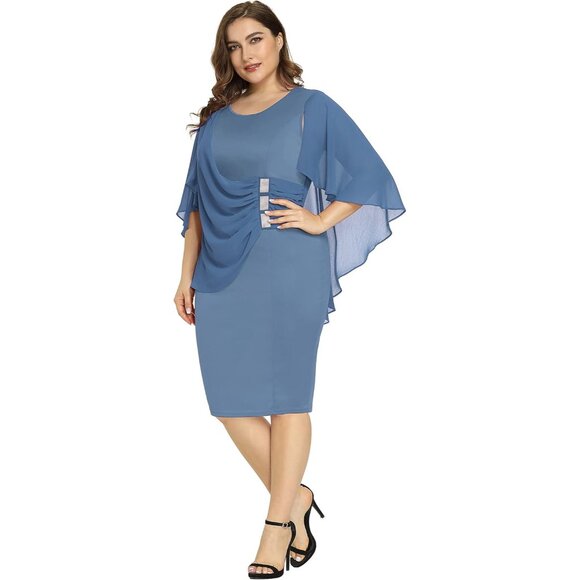 Women's Plus Size Chiffon Ruffle Cape Sleeve Bodycon Dress for Elegance - Picture 4 of 5